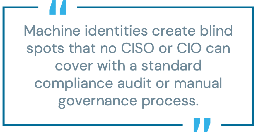 Pull quote: &lsquo;Machine identities create blind spots that no CISO or CIO can cover with a standard compliance audit or manual governance process.&rsquo; Displayed on a clean background for emphasis.